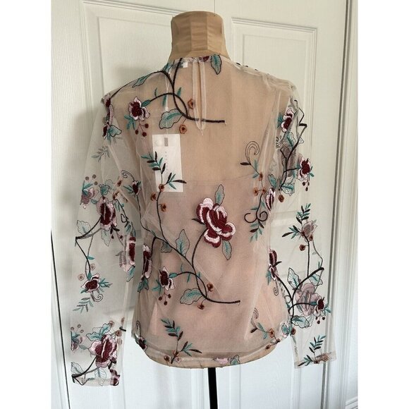 Endless Rose Long Sleeve Round Neck Embroidered Floral Mesh Top Beige/Red Size S - Picture 4 of 13
